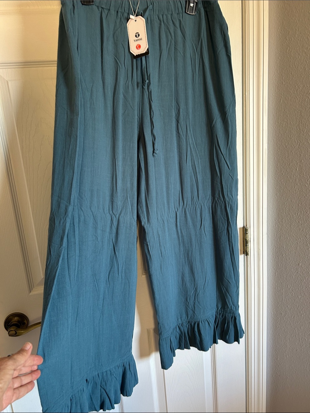 Wide-Leg Teal Ruffle-Hem Pants with Drawstring Waist